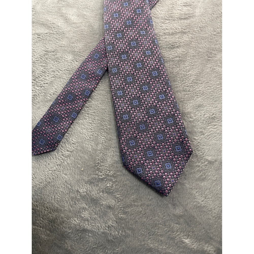 Ermenegildo Zegna Silk Necktie Pink Blue Square Geometric Pattern Luxury‎ - Picture 3 of 8